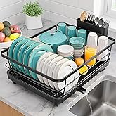 Sakugi Stainless Steel Dish Drying Rack for Kitchen Counter, Sink Organization and Storage Essentials with Silverware & Utensil Holder, Home and Apartment Decor, 12''W x 15.5''L, Black