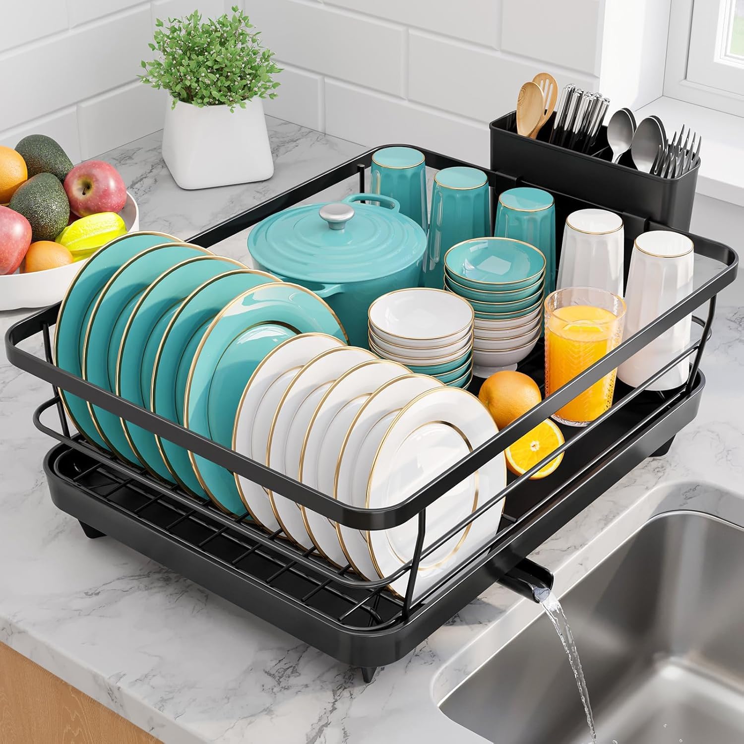Photo 1 of Sakugi Stainless Steel Dish Drying Rack for Kitchen Counter, Sink Organization and Storage Essentials with Silverware & Utensil Holder, Home and Apartment Decor, 12''W x 15.5''L, Black