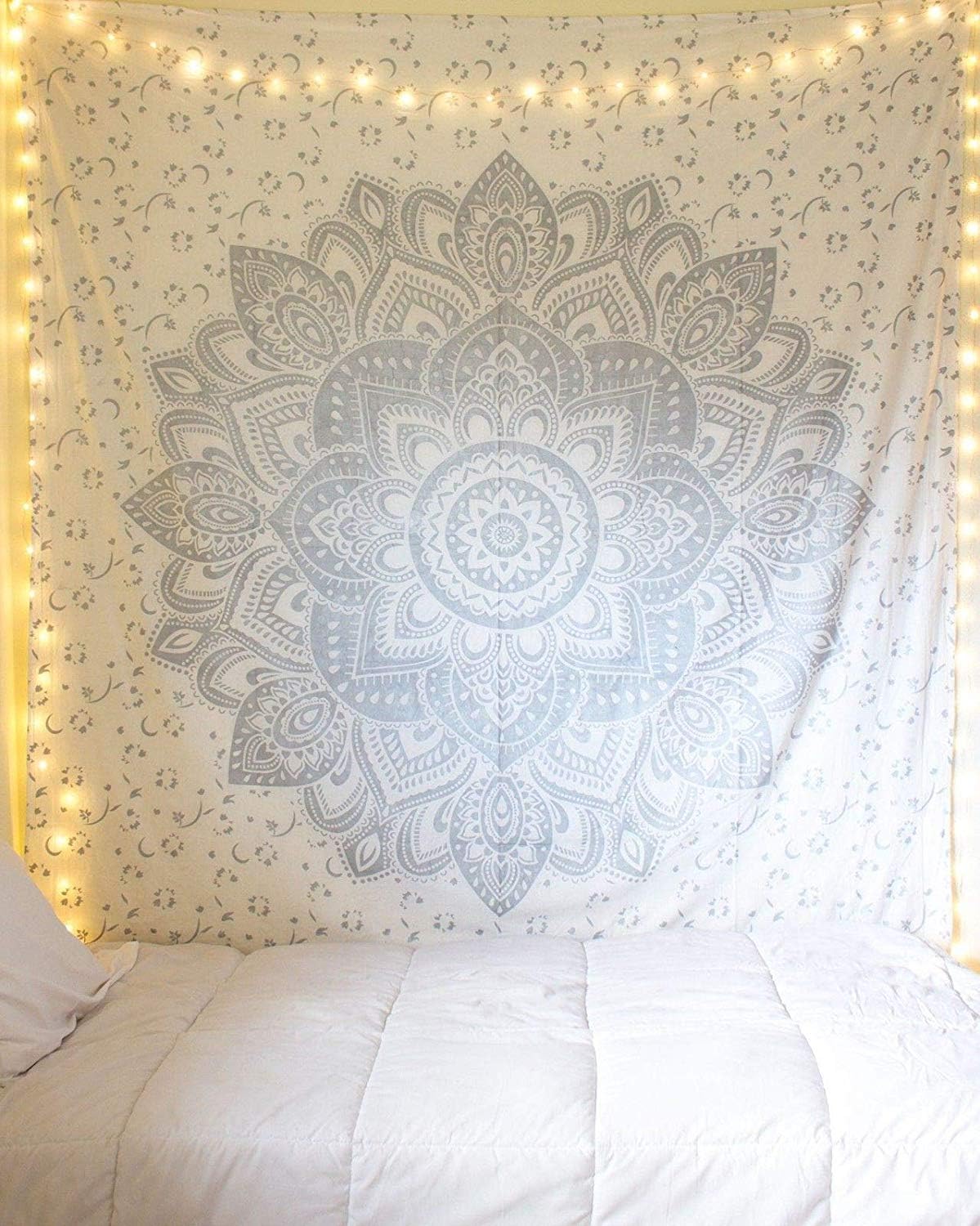 THE ART BOX Lotus Wall Tapestry Mandala Throw Blanket 84x54 White and Silver Wall Tapestry Hippie Bedspread Twin Wall Tapestry Hanging Tapestry Floral