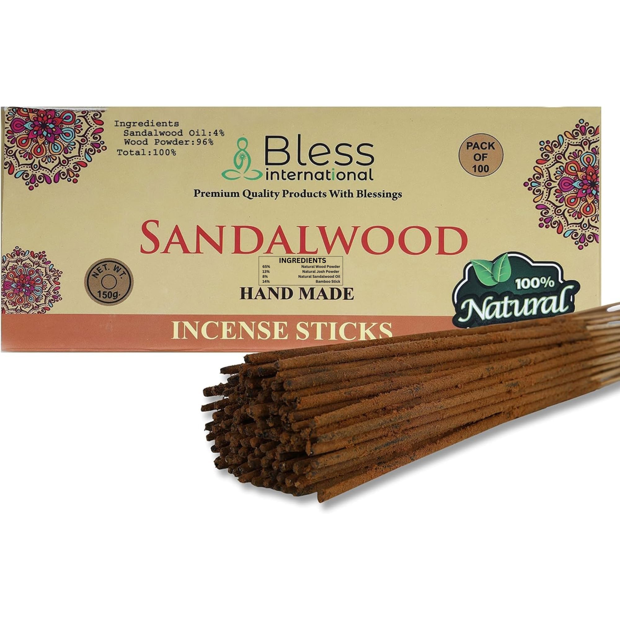 Bless Sandalwood Incense Sticks 100% Natural Handmade Hand-Dipped Incense Organic Chemicals-Free For Purification, Relaxation, Positivity, Yoga, Meditation - The Best Woods Scent (100 Sticks (150GM))