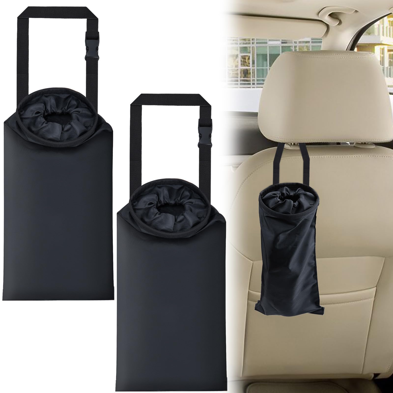 Photo 1 of 2 PCS Car Trash Bags, Washable Car Garbage Bag Hanging, Detachable Trash Can with Top Elastic Vent & Sticky Strap Bottom Opening, Seat Back Tash Bag for Cars,Travelling,Outdoor