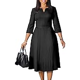 Elegant Church Dresses for Women 2025 3/4 Sleeve Vintage Ruffle A-line Pleated Dress V Neck Business Casual Work Outfits