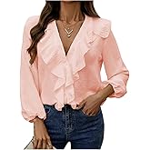 GORGLITTER Women's Ruffled Top Blouses Dressy Business Casual Button Up Long Sleeve V Neck Shirts Work Office Outfits