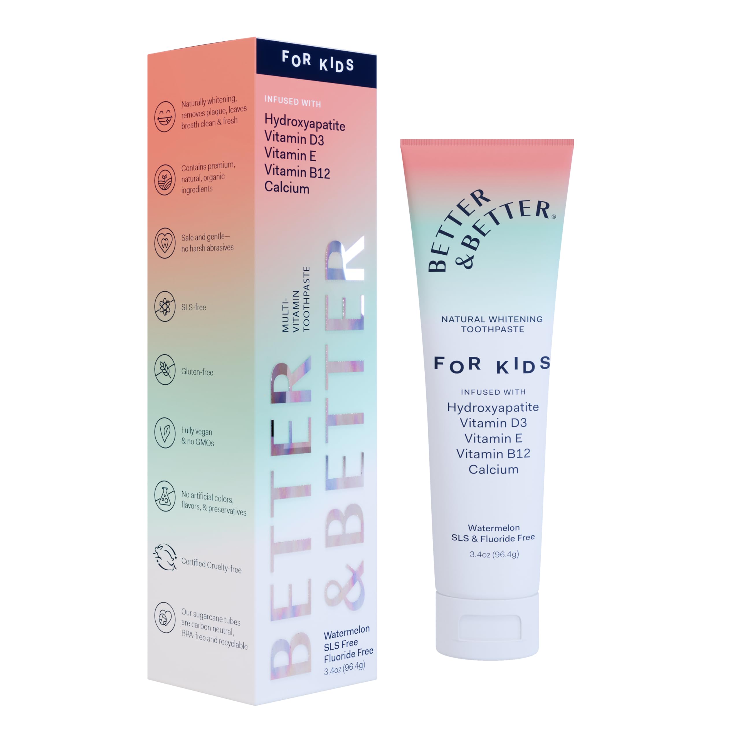 Photo 1 of Better & Better Kids Toothpaste | Natural Hydroxyapatite Toothpaste Infused w/Calcium & Vitamins D, E, B12 | Fluoride & SLS Free for Sensitive Brushers | Watermelon Flavor | 3.4oz, 1 Pack