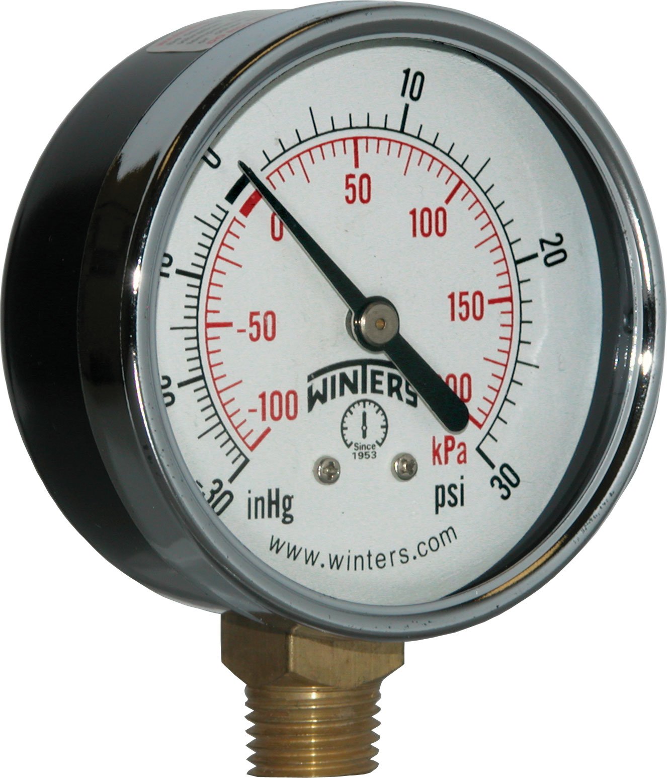 Winters 2-1/2 inch Dial Size, Multi Function Economy Utility Dry Pressure Gauge, Brass Internals, Steel Case, Dual Scale 30 inch Hg-15 psi/kPa, 3-2-3% Acc, 1/4" NPT Bottom Mount, Vacuum Pressure Gauge