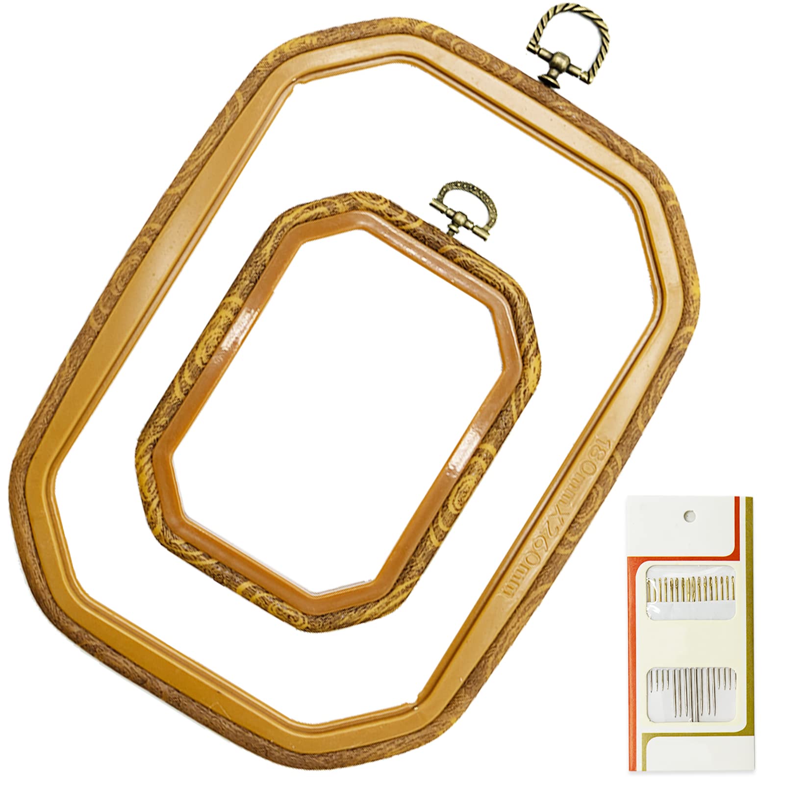 LAMXD 2 Sizes Imitated Wood Rectangle Round Embroidery Hoop Set Plastic Circle Cross Stitch Hoop Rings for DIY Craft Sewing,Including 16pcs Gold Eye Sewing Needles