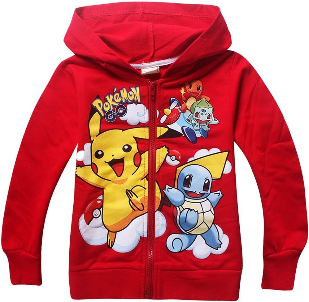 Pokemon Long Sleeve Front Zip Hoodie Sweater Jacket Coat (7-8 sz 130, Red)