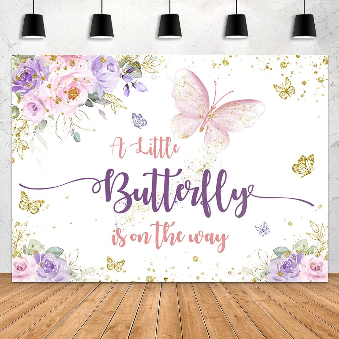Aperturee A Little Butterfly is on the way Arch Backdrop, Purple Floral Baby Shower Decor, Gold Butterfly for Girl main image 0