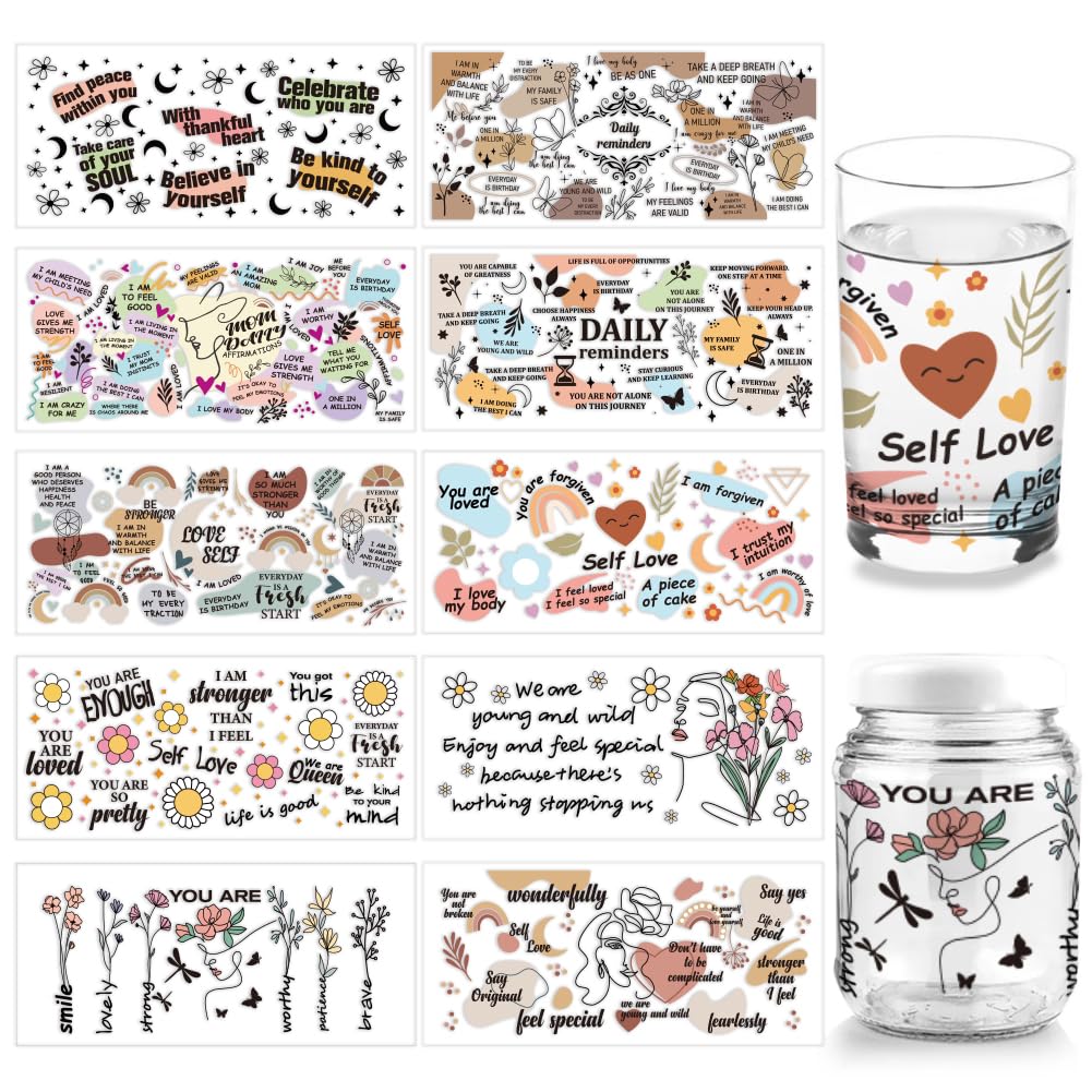 arricraft 10 Styles UV DTF Sticker, PVC Glass Transfer Paper, Inspirational Words Rub on Transfers, Vintage Cup Wrap Sticker, Waterproof Rub Decals for Craft Glass