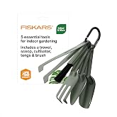 Fiskars 5-Piece House Plant Cultivating Tool Set for Indoor Gardening | Nesting Trowel, Soil Scoop, Cultivator, Tongs &amp; Brush, Stainless Steel with Green Powder Coat Finish