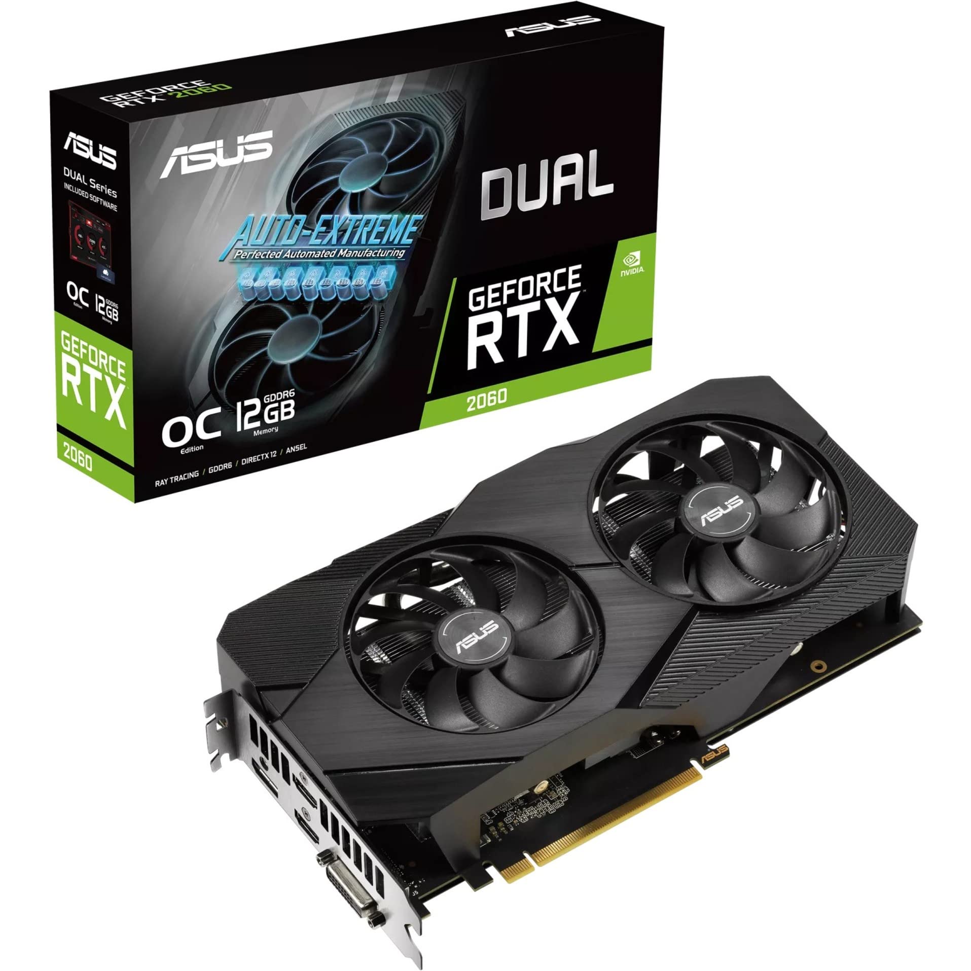 Photo 1 of ASUS Dual GeForce RTX 2060 EVO OC Edition Graphics Card (PCIe 3.0, 12GB GDDR6 Memory, HDMI, DisplayPort, DVI-D, Axial-tech Fan, 0dB Technology, Auto-Extreme)