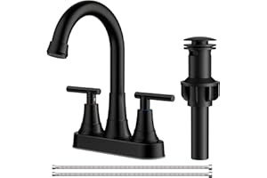 FORIOUS Matte Black Bathroom Faucets, 4 Inch Centerset Bathroom Sink Faucet 2 or 3 Hole with Pop up Drain and cUPC Hose, Two Handles Control, 360° spout for Restroom,Vanity, Rv