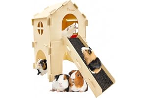 Bonnevie Guinea Pig Hideout House 2 Story Wooden Castle Hide with Ladder Loft Fleece Bed Ramp Wood Hut with Attic Platform for Chinchilla Chipmunk Hedgehog Squirrel Hideaway Extra Large