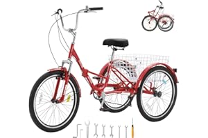 VEVOR Folding Adult Tricycle, 26-Inch 7-Speed Adult Folding Trikes, Carbon Steel 3 Wheel Cruiser Bike with Basket & Adjustabl