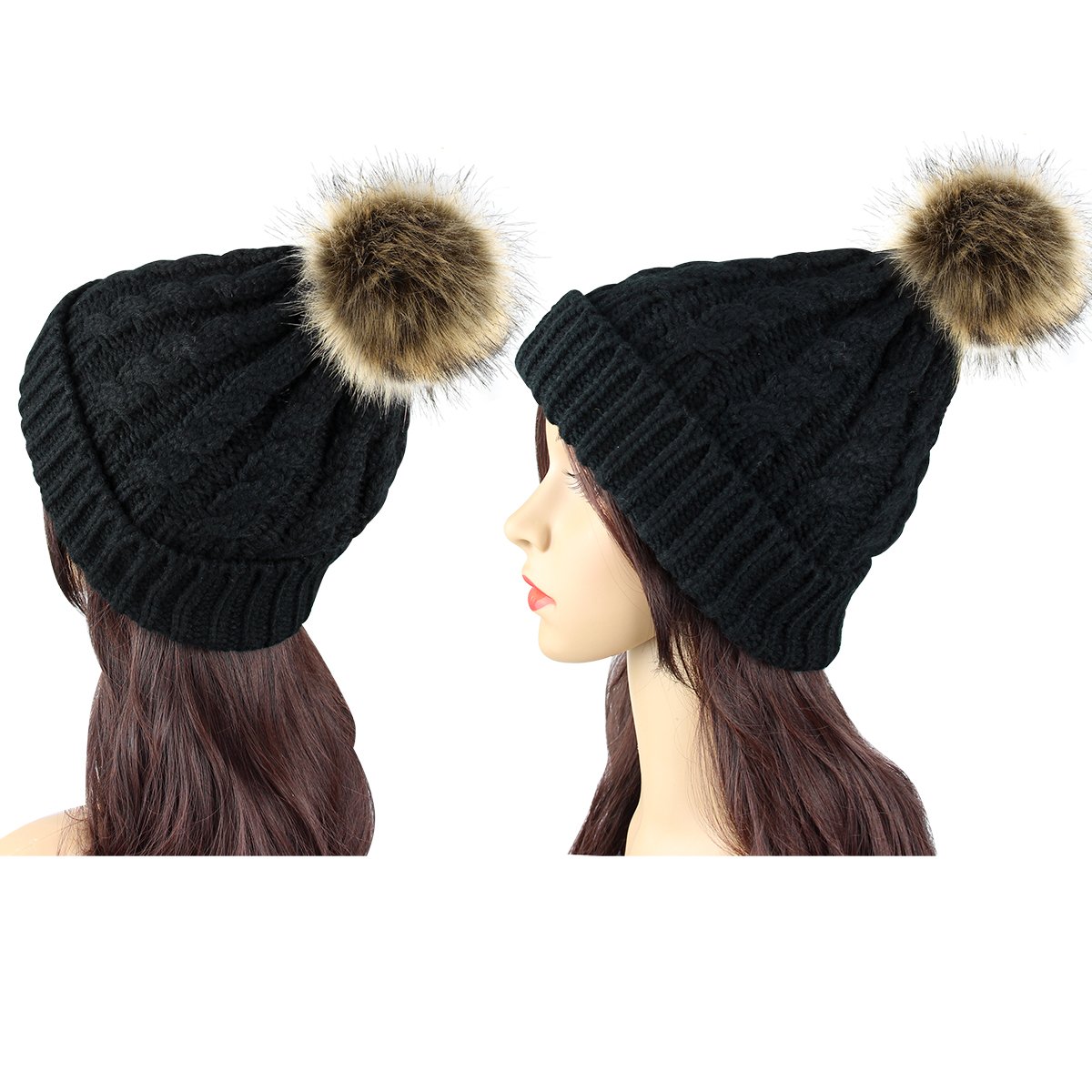 2 Pack Womens Knitted Chunky Beanie Faux Fur Pom Pom Beanie