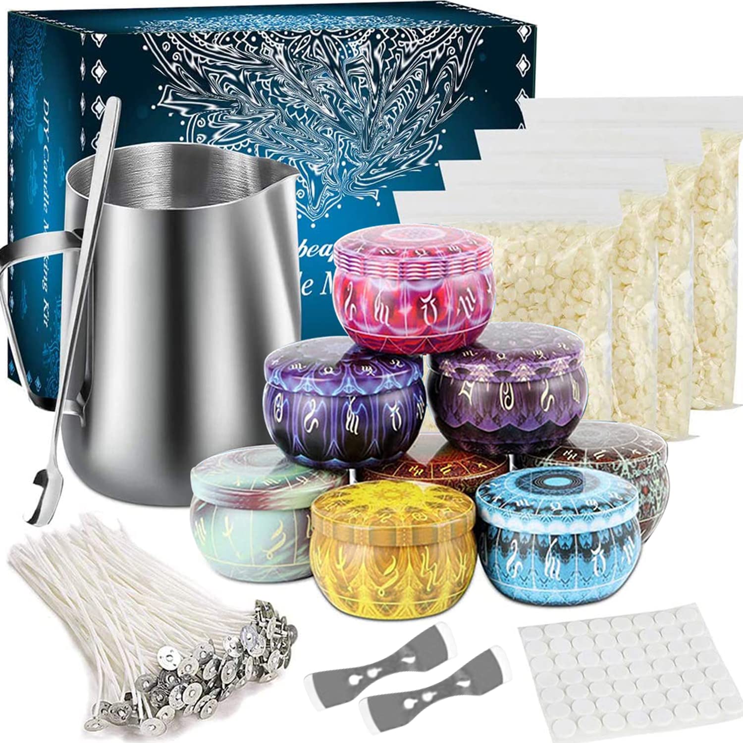Candle Making Kit, DIY Candle Making Kits Include 50 Candle Wicks, 56 Wicks Sticker, 8 Candle Tins,1 Candle Make Pouring Pot, 4 Pack Candle Wax