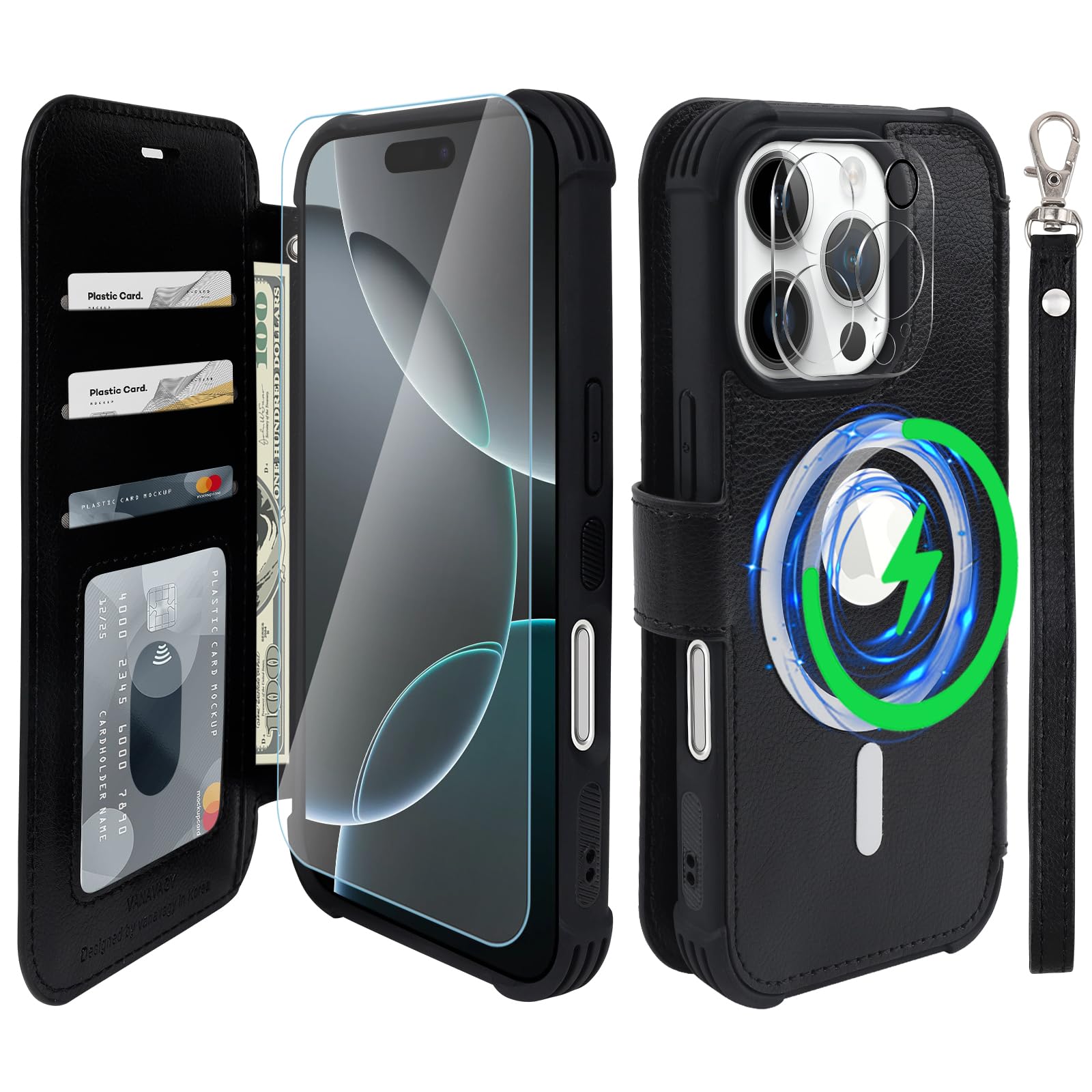 VANAVAGY Compatible for iPhone 16 Pro Wallet Case for Magsafe Wireless Charging,Leather Flip Folio Wrist [Glass Screen Protectors and Camera Lens Protectors]with RFID Block Card Holder,Black