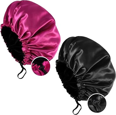 Fuyamp Satin Sleep Cap 2 Pack Adjustable Double-Sided Waterproof Red Black