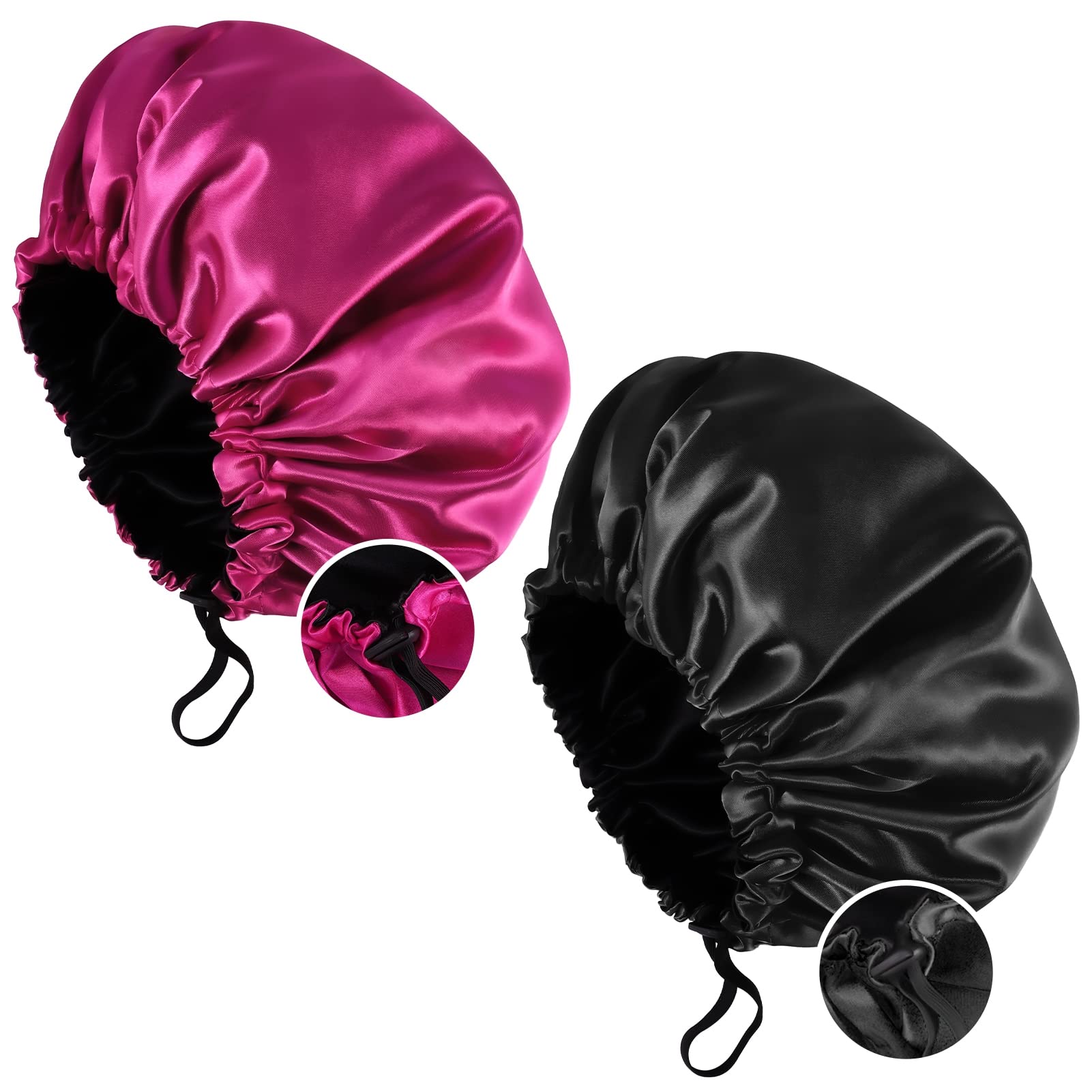 Fuyamp 2 Packs Satin Sleep Cap Shower Cap,Adjustable Silky Sleep Bonnet for Women Long Curly Hair, Double-Sided Waterproof Satin Bath Cap Hair Cap for Women Sleeping Bathing(Red+Black)