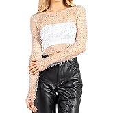 Women's Pearl Rhinestone See Through Long Sleeve Mesh Blouse One Piece Cover Up Crop Tops