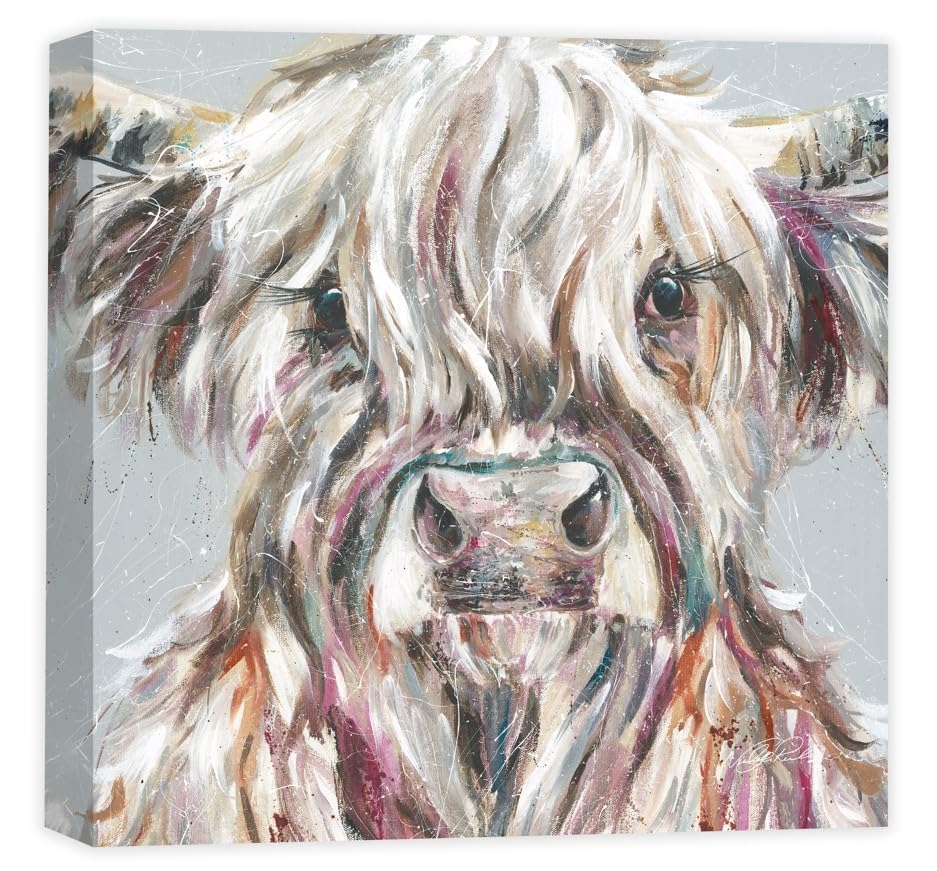 Artko Artistic Highland Cow Canvas Wall Art - 'Ada' by Nicola Jane Rowles - Farm Animal Themed Artwork - Ready to Hang Home Décor - 40cm x 40cm