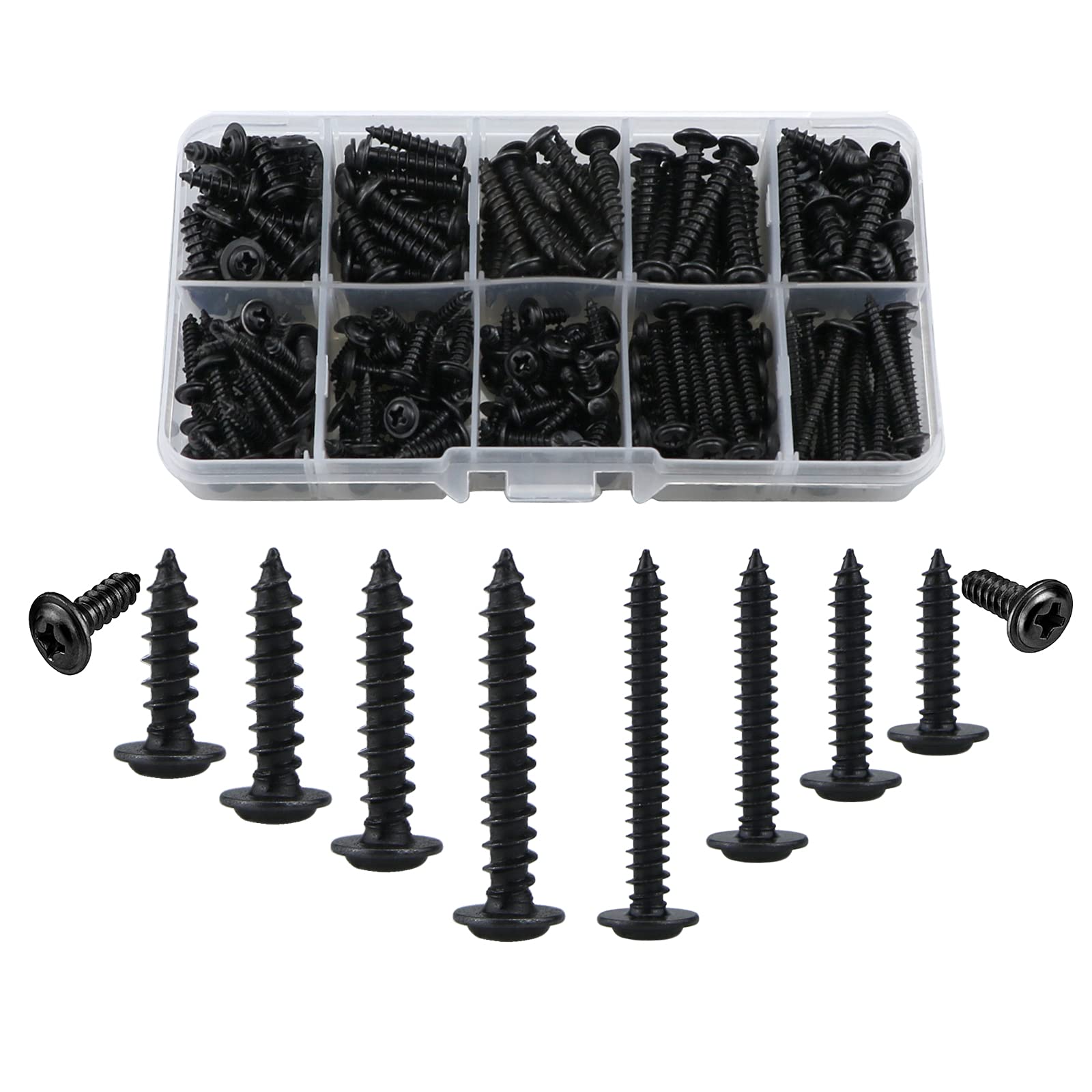 M3,M4 Self Tapping Screws Metal with Washers,280 pcs Pan Head Phillips Self Drilling Wood Screw Assortment Kit,10 Types(8/10 / 12/16/20 / 25mm),Round Countersunk Machine Screw Fasteners(Black)