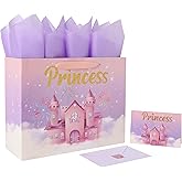 13'' Large Princess Gift Bag Set with Handles, Greeting Card, Purple Tissue Papers and Stickers for Women Girls Kids Teens for Birthday Party, Wedding, Anniversary, Castle Design, 1 Pcs
