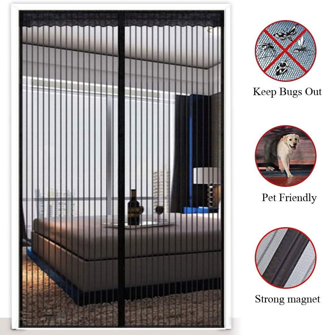 Magnetic Screen Door Black, Durable Mesh Curtain and Full Frame Velcro Fits Doors Hands Free Screen Door Net Magnets,36x96in/90x240CM
