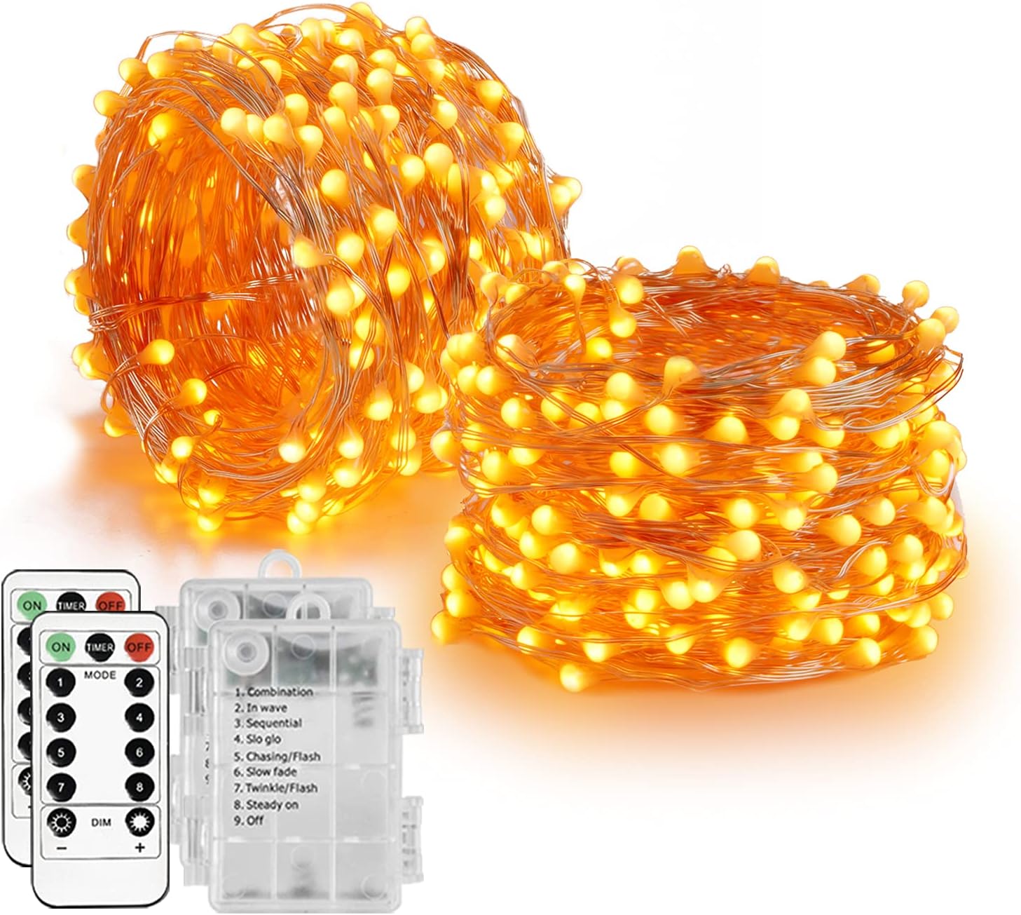 String Lights - Homemory 2 Pack 33Ft 100 LED Halloween Fairy String Lights, Battery Operated Fall Lights with Remote Waterproof 8 Modes Firefly Twinkle String Lights for Party Thanksgiving Decorations, Orange