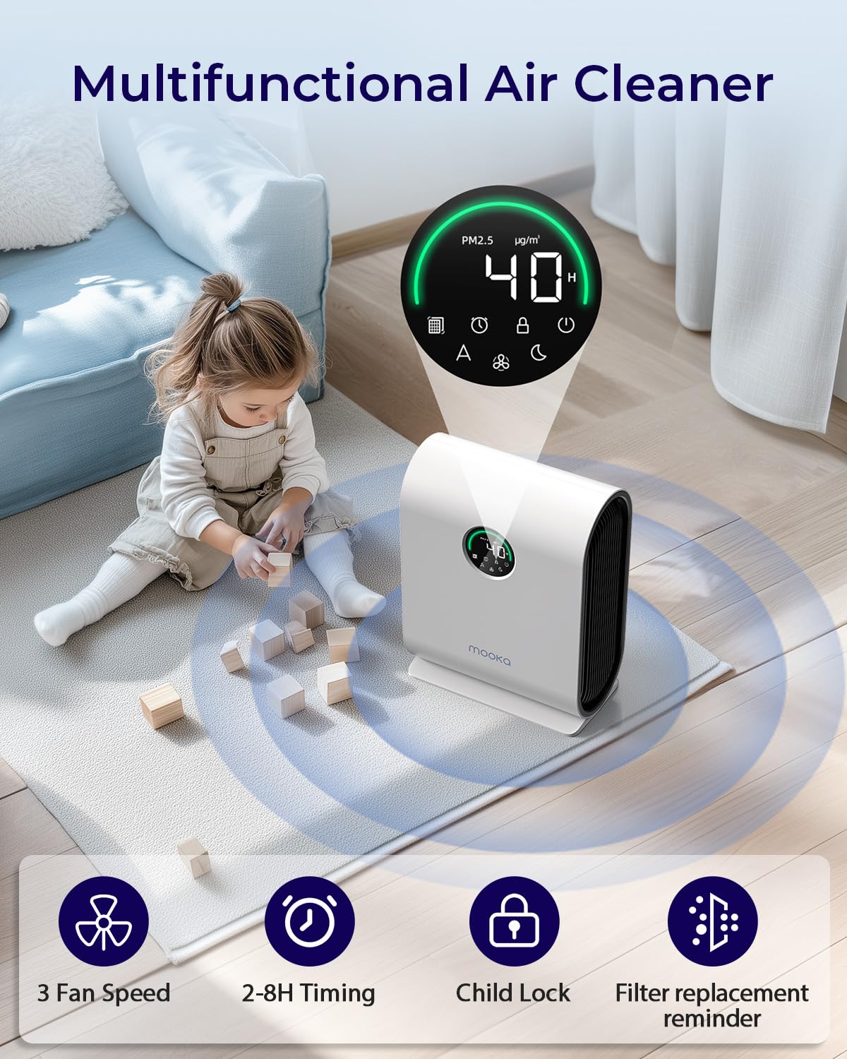 Air Purifiers for Home Large Room 2500 ft² with PM 2.5 Air Quality Sensors, MOOKA H13 HEPA Filter Pet Air Purifier, 15dB Sleep Mode for Bedroom Office Living Room, KJ217 White