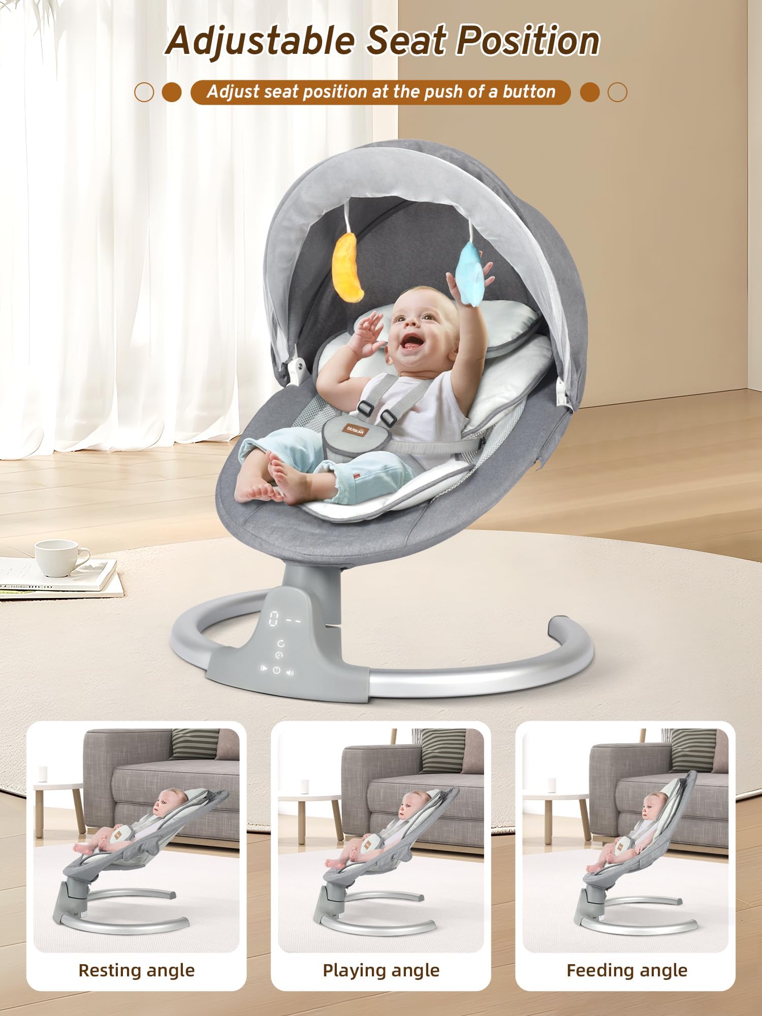 BIUSIKAN Baby Swings for Infants, Electric Baby Swing with Lullabies, Bluetooth, Remote Control, Infant Swing with 3 Seat Positions for Baby Boy Girl, Portable Baby Swing, Grey