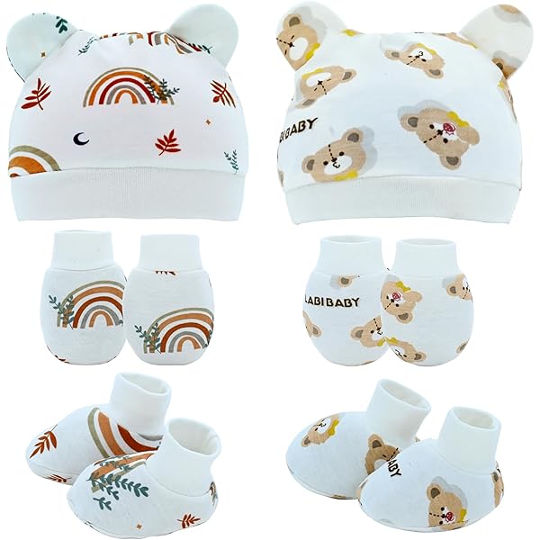 Baby Cotton Hats And Mittens Set (6-12 Months) - 2 Caps & 2 Scratch Mittens For Infant Protection