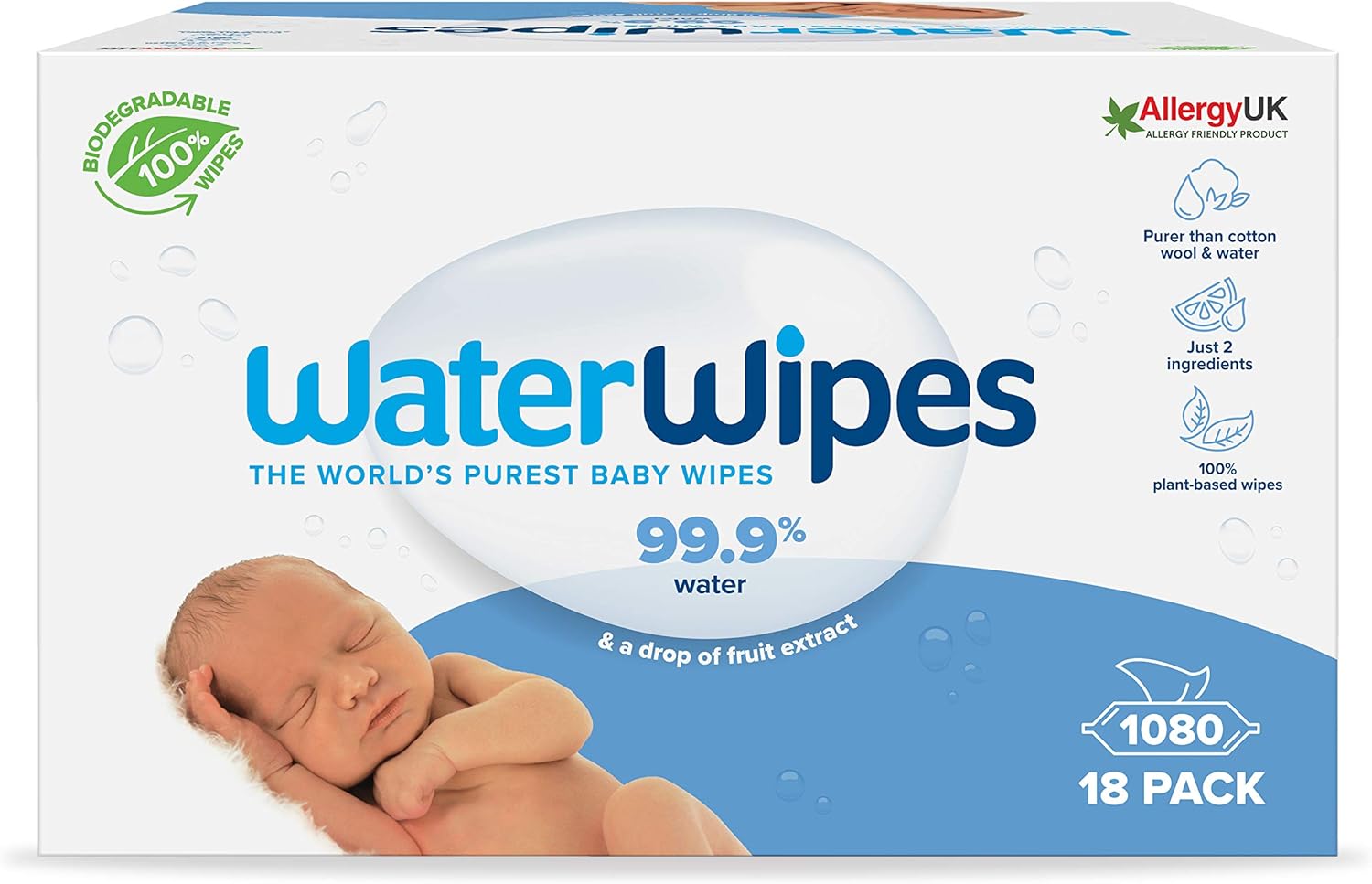 WaterWipes Sensitive+ Newborn & Baby Wipes, 1080 Count (18 Packs), 3-In-1 Cleans, Cares, Protects, 99.9% Water, Unscented