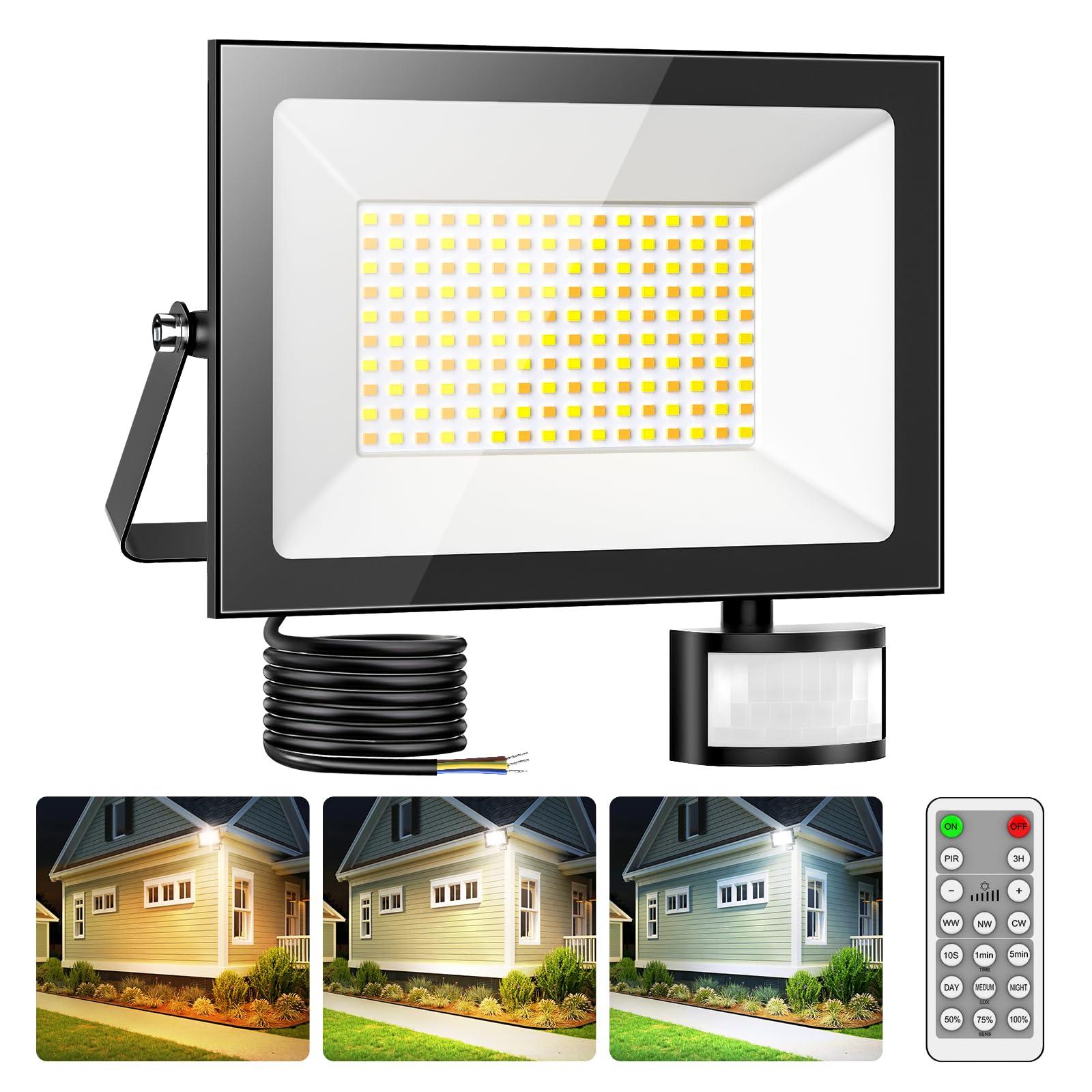 Sararoom 100W Security Lights Outdoor Motion Sensor, 10000LM LED Floodlight with 3 Color Adjustable, IP65 Waterproof PIR Lights Outdoor with Remote Control for Front Door, Warehouse, Yard, Streets