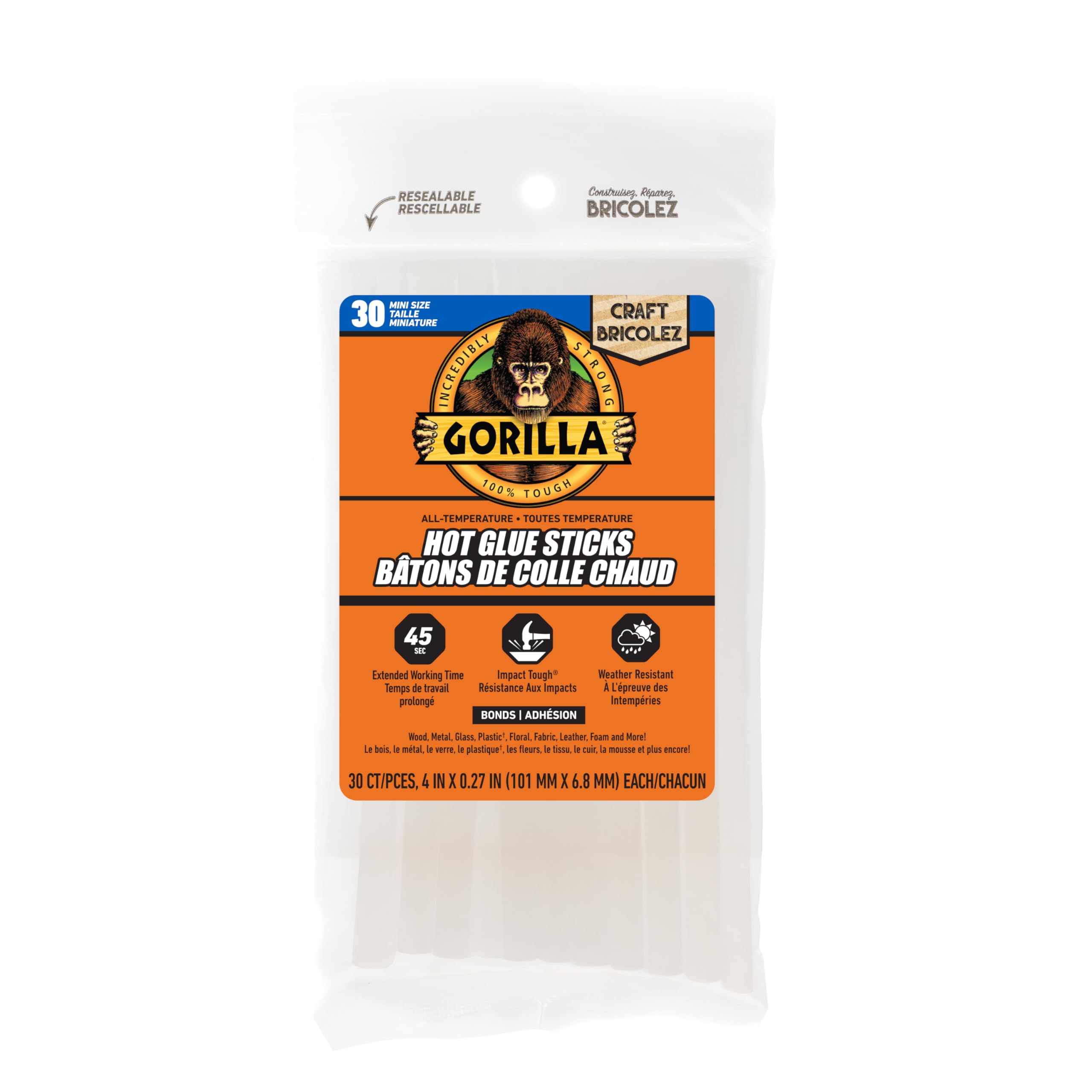 Gorilla 3023003 Hot Glue Sticks 4 In. Mini Size, 30Count