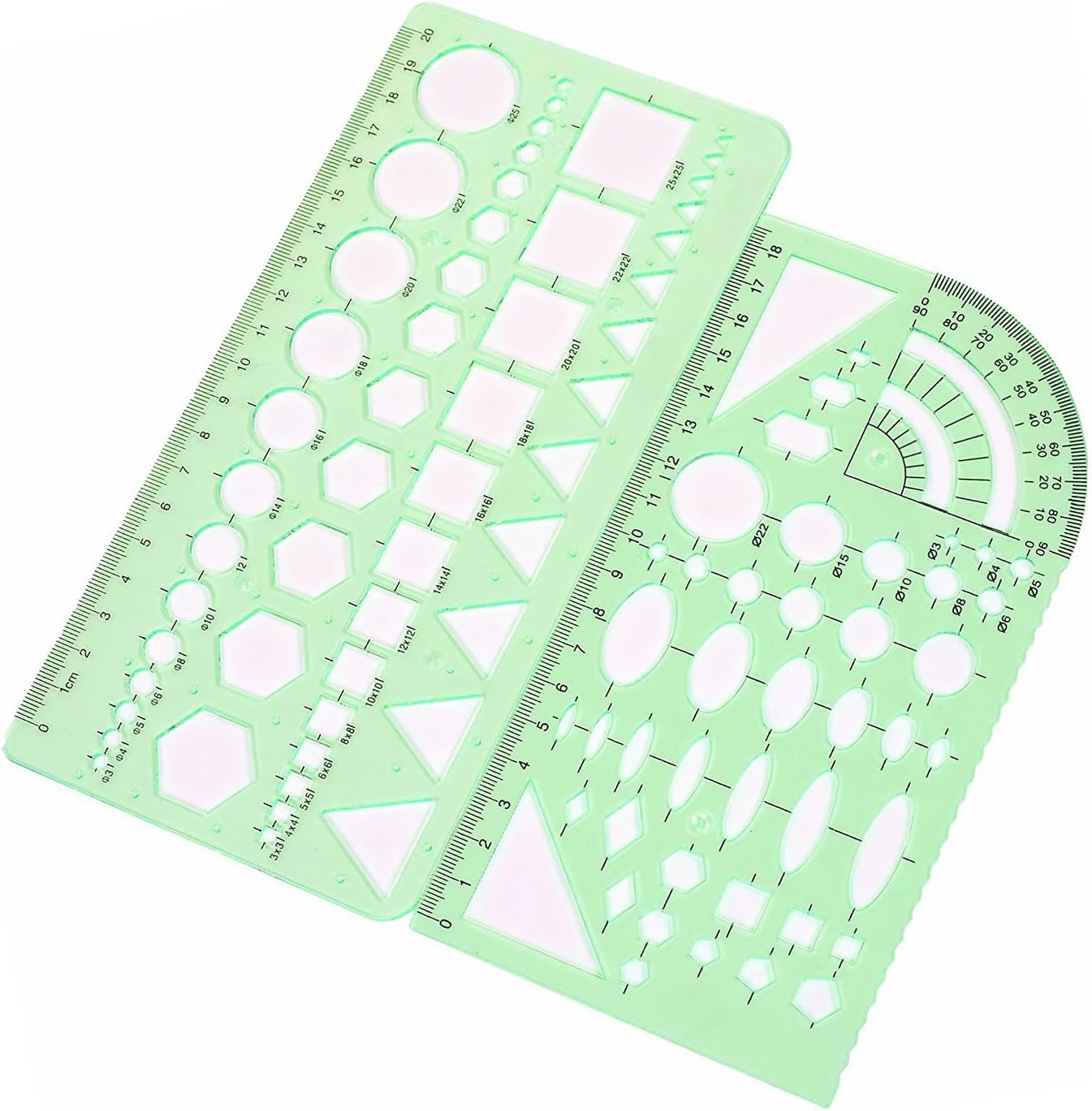 BronaGrand 2pcs Measuring Templates Geometric Rulers for Office and School, Clear Green Color Plastic : Office Products