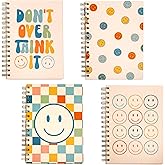 Cute Notebooks for School 4 Pack, A5 5.8 x 8.3 inch Happy Face Hardcover Notebooks for Work, Retro Aesthetic Notebooks College Ruled, Cute Spiral Journal for Women, Back to School Notebook for Kids