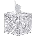 White Woven Macrame Boho Tissue Box Cover Square for Home Decor,Resin Heavy Woven Tissue Box Holder for Bathroom Kitchen Countertop,Bedroom, Vanity, Night Stand, Office Desk Top, Waterproof Durable