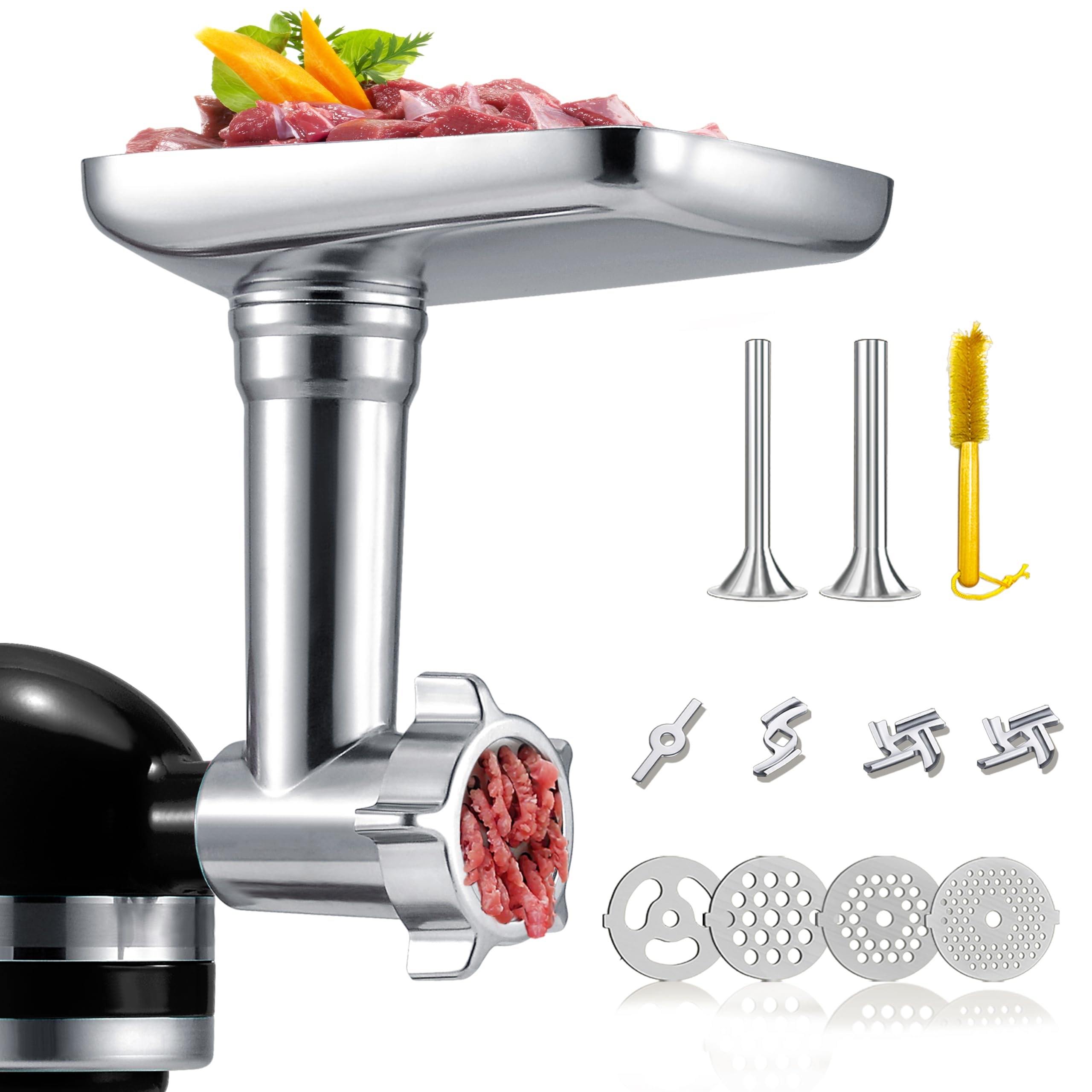 Metal Grinder Attachment for KitchenAid Stand Mixers, Meat Grinder Attachment, Sausage Stuffer, Food Grinder Attachment, Mixer Attachments for KitchenAid, Silver(Mixer Not Included)