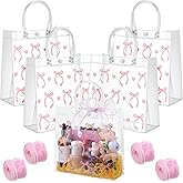Yuanan 24Pcs Pink Clear Gift Bags with Handles, Souvenir Bow Gift Bag with Pink Ribbons, Elegant Bow Party Favor Bags for Weddings, Birthdays, Baby Showers, Valentine's Day