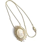 Mother of Pearl Virgen de Guadalupe Oval Pendant Necklace Gold Plated 18k Chain 17.5 Inches