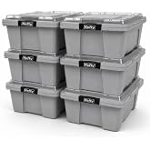 Hefty MAX Pro 12 Gal Storage Bins with Clear Lids, Stackable, 6 Pack, Grey | Heavy duty stackable storage bins with secure lids for garage, basement, moving and home organization