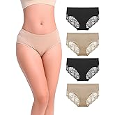 LIQQY Women's Underwear Lace Back Side Briefs Mid Rise Ladies Full Coverage Panties Regular & Plus Size 4 Pack