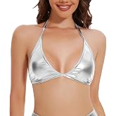 Vinaderhom Women's Metallic Bra Top Shiny Halter Rave Bralette Bikini Tops