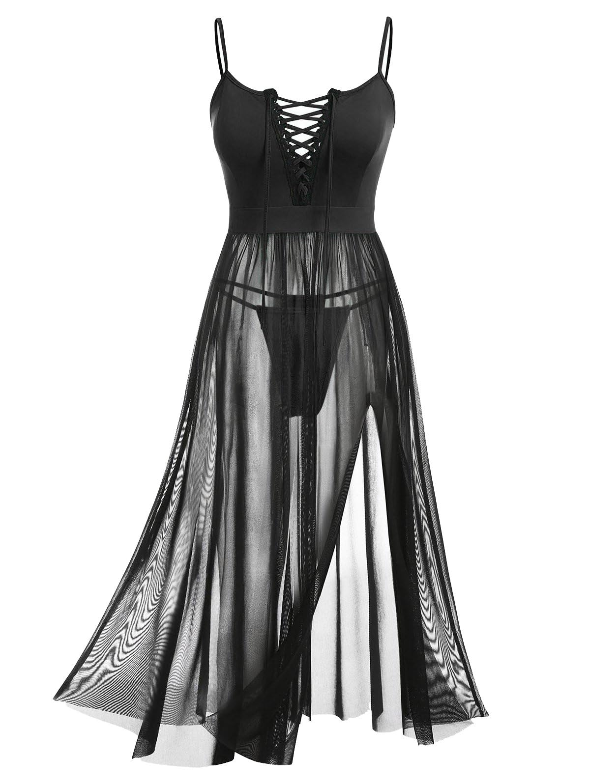 Photo 1 of ROSE GAL Womens Plus Size Lingerie Babydoll Lace-up Chemise Sheer Mesh Split Hem Nightwear Sexy Long Gown Nightdress(Black/4X)