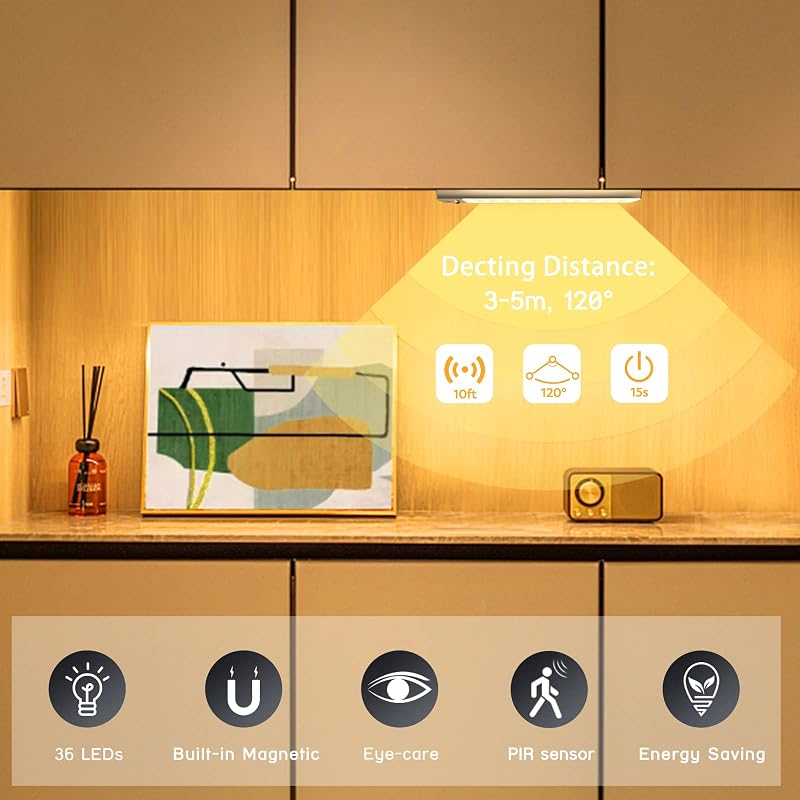 Lampe de Placard avec Détecteur de Mouvement, 36 LED Lampe 3000K USB Sans Fil Veilleuse, Armoire, Escalier, Couloir, Cuisines, Garage, Bord de Lit(2 Pack, 23cm)