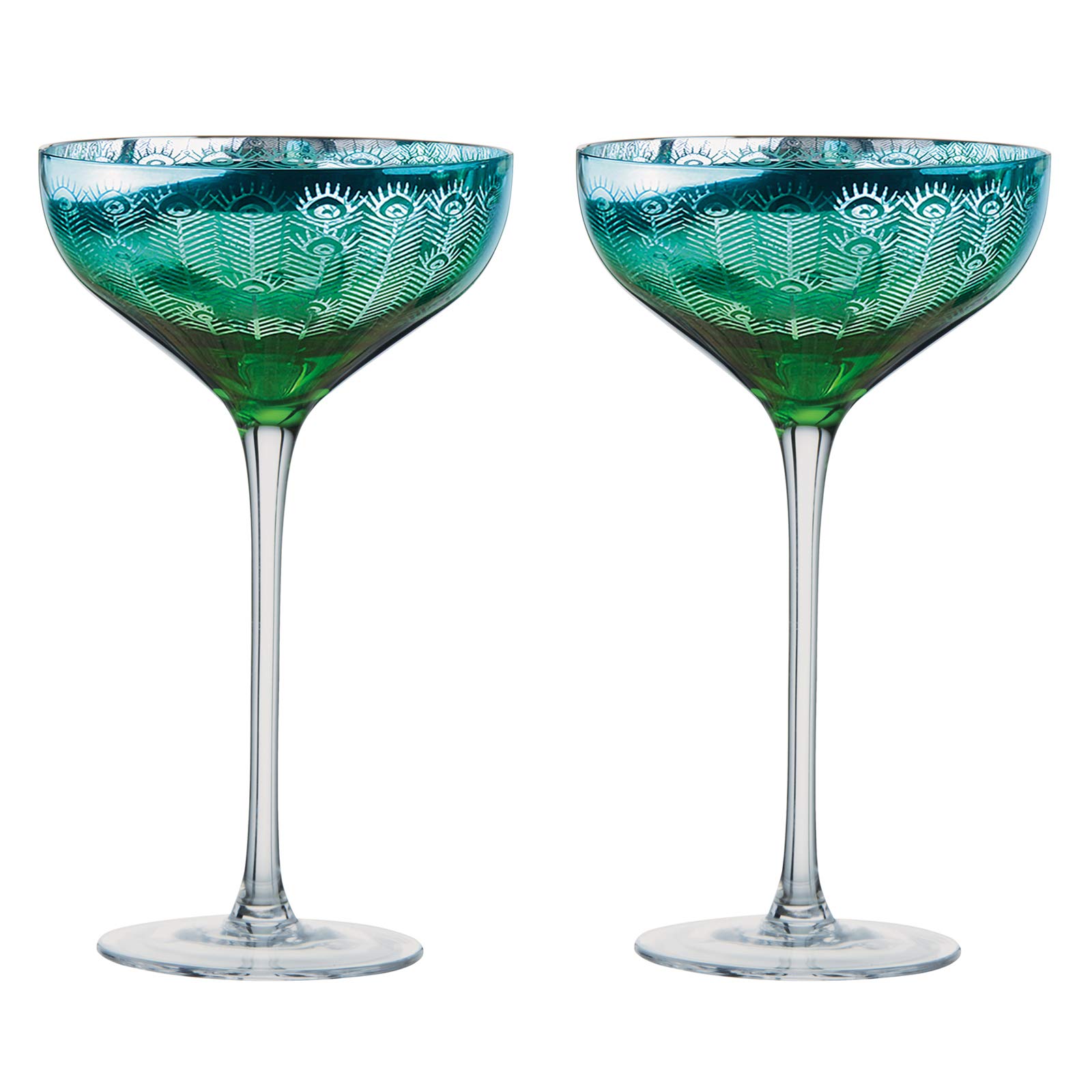 Artland - Set of 2 Champagne Saucers - Peacock Pattern, Multi-Coloured Coupe Cocktail Glasses, Electroplated Glass, Gift Idea for Birthday, Party, or Dinner Decorations