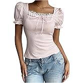 SOLY HUX Women's Cute Lace Puff Sleeve Tops Y2k Tie Front Square Neck Ribbed Knit Coquette T Shirts