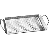 Outset 76631 Stainless Steel Grill Topper Grid, 11"x7" BBQ Pan With Handles | Stainless Steel Grill Topper | BBQ Veggie Grill Tray | Easy to Carry | Seafood Grill Tray With Holes | Infuses Flavor