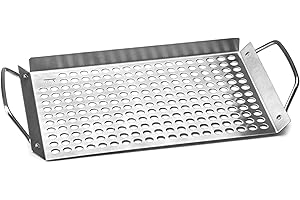 Outset 76631 Stainless Steel Grill Topper Grid, 11"x7" BBQ Pan With Handles